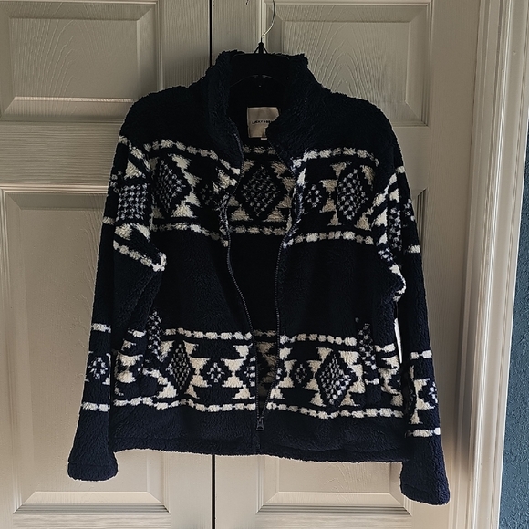 NWT Lucky Brand Geo Print Faux Fur Zip Teddy Jacket Large. Navy/Ivory - Picture 12 of 16